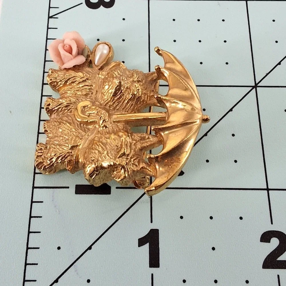 1928 Jewelry Yorkies in Rain Gold Tone Brooch Pink Porcelain Rose Faux Pearl